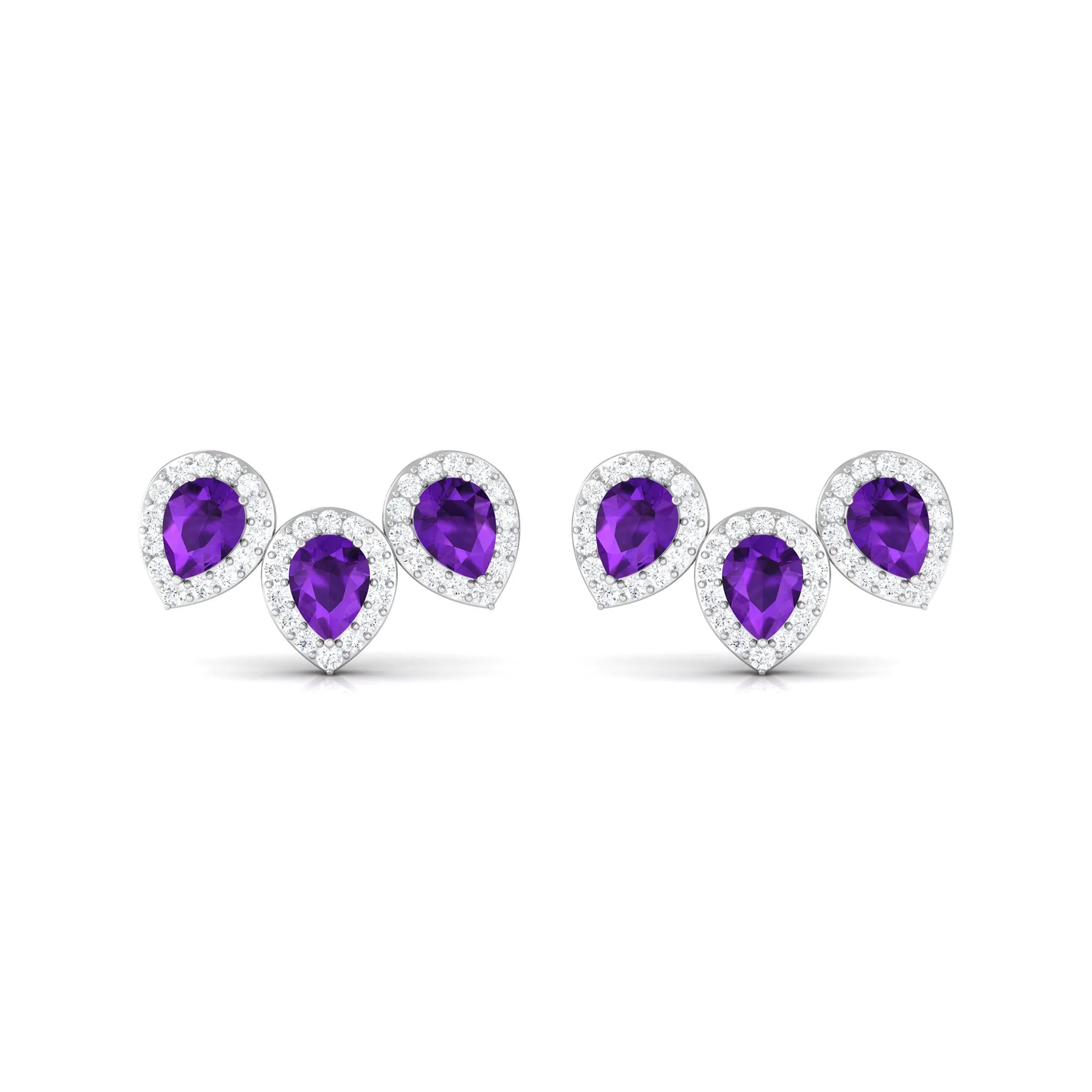 Pear Cut Amethyst 3 Stone Stud Earring with Diamond Halo