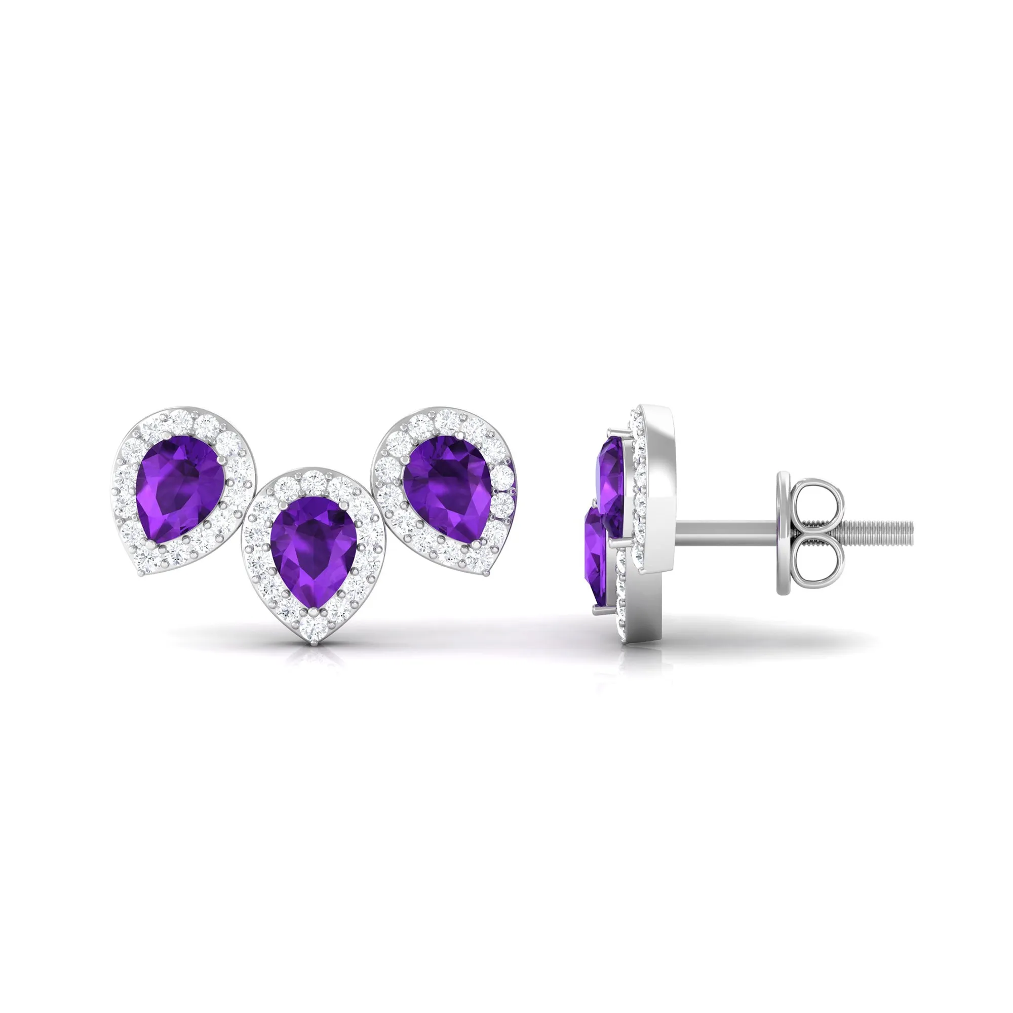 Pear Cut Amethyst 3 Stone Stud Earring with Diamond Halo