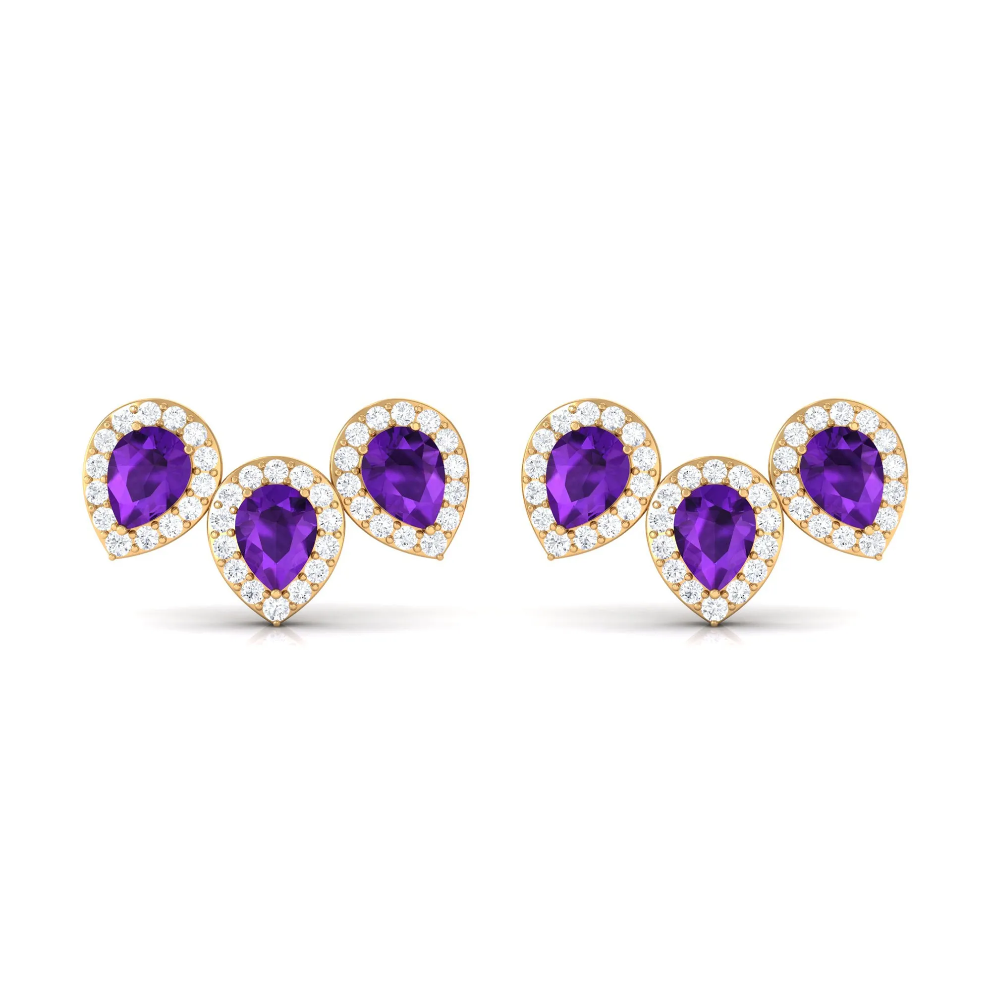 Pear Cut Amethyst 3 Stone Stud Earring with Diamond Halo