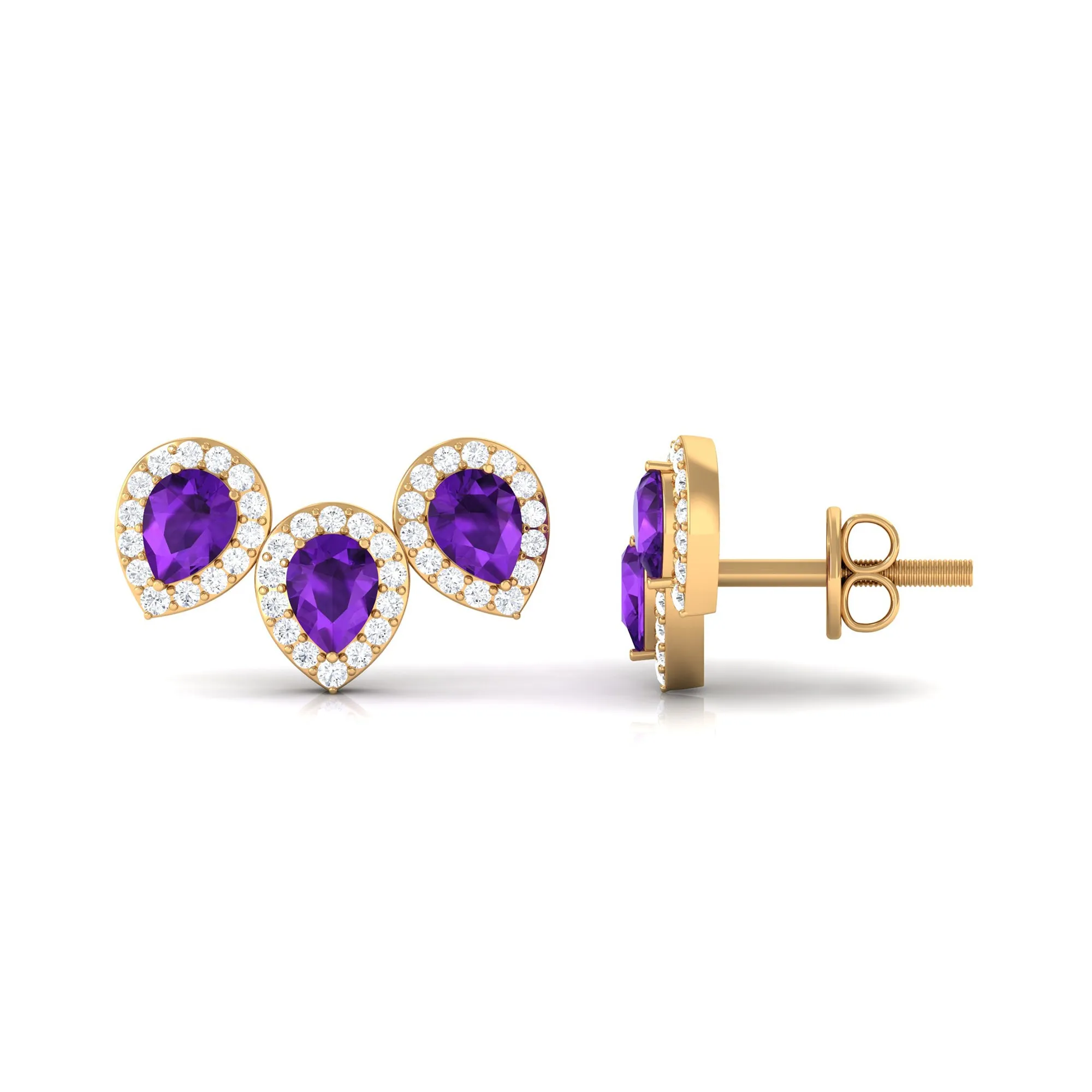 Pear Cut Amethyst 3 Stone Stud Earring with Diamond Halo