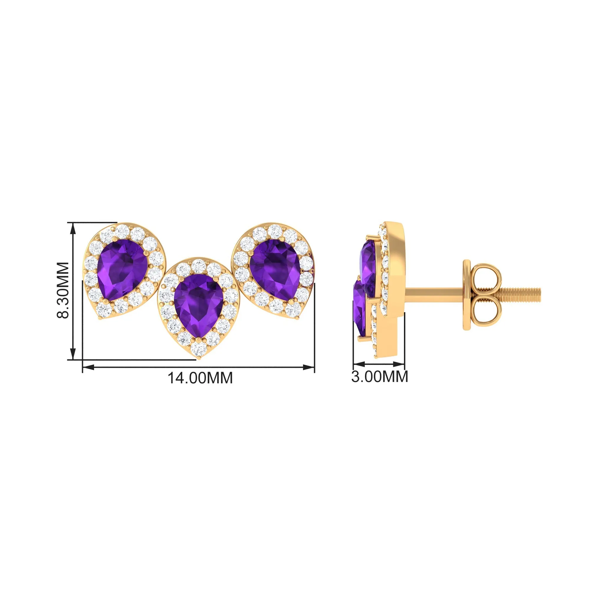 Pear Cut Amethyst 3 Stone Stud Earring with Diamond Halo