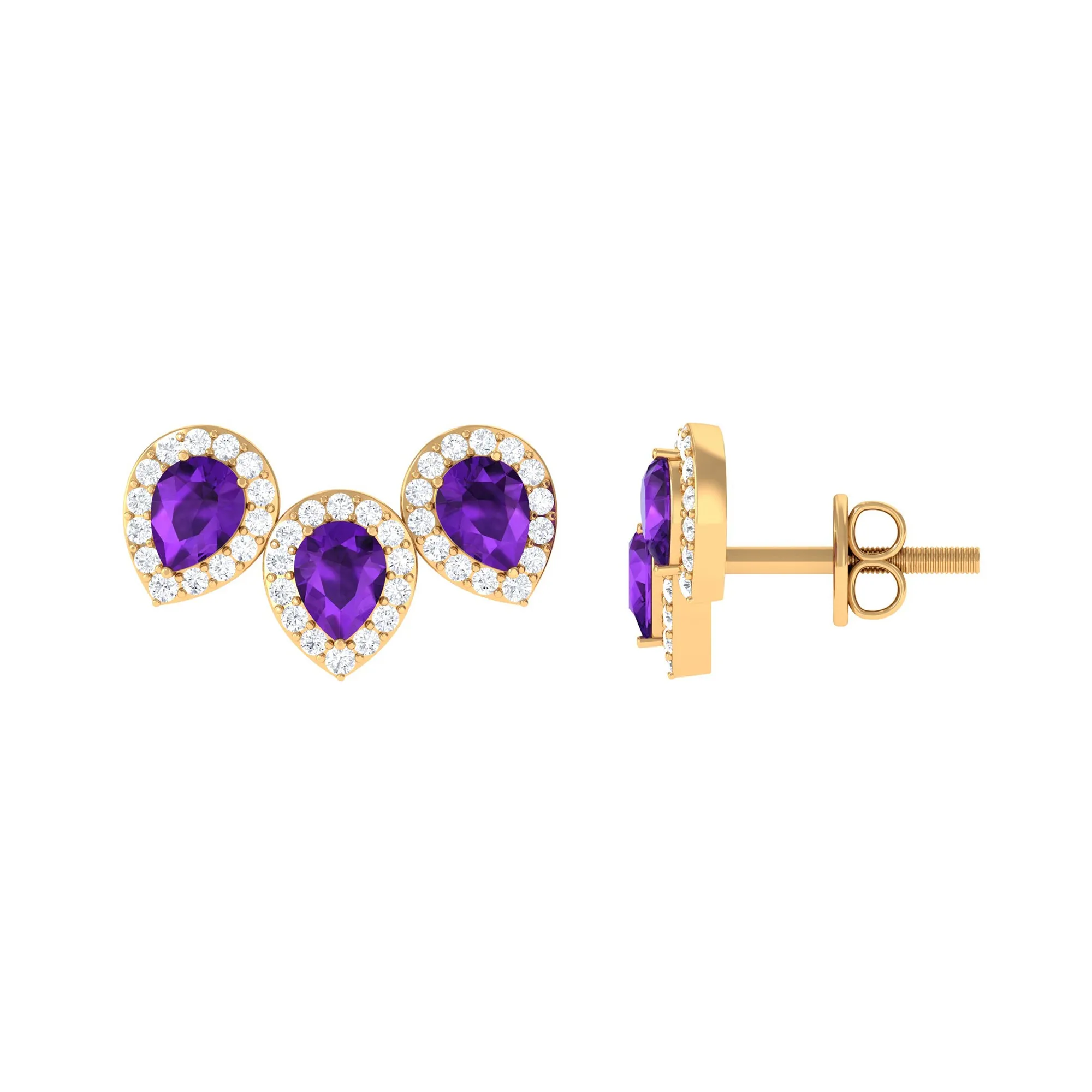 Pear Cut Amethyst 3 Stone Stud Earring with Diamond Halo