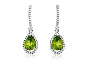 Pear Shaped Peridot and Diamond Halo Dangle Earrings