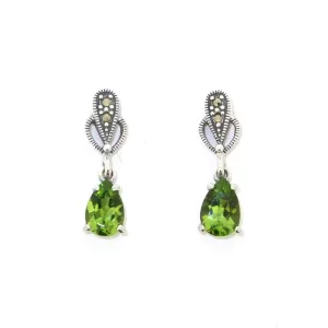 Peridot earrings Teardrop Silver Marcasite