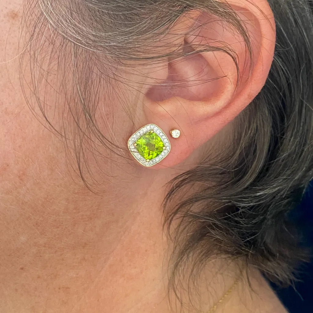 Peridot Stud Earrings with Diamond Halo