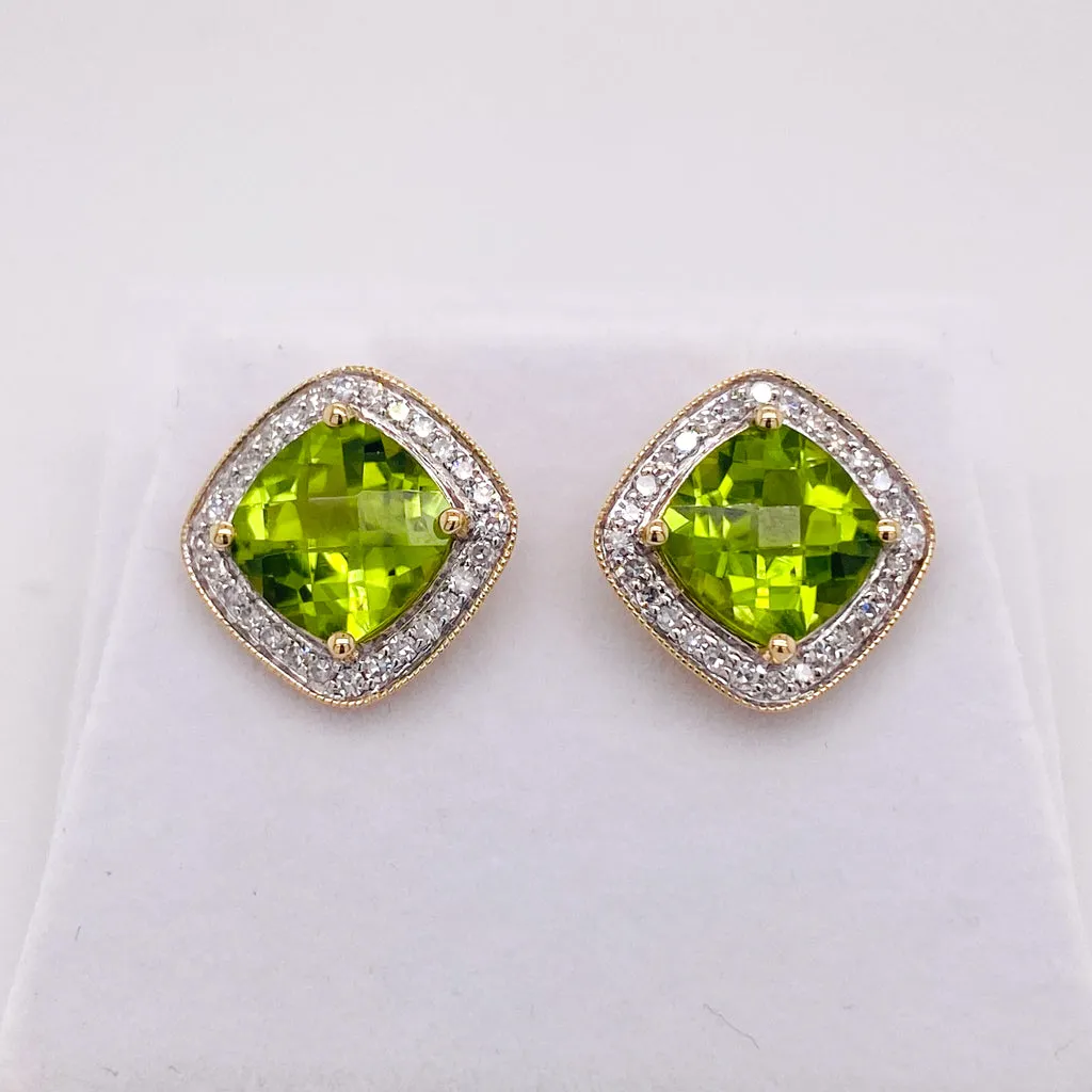 Peridot Stud Earrings with Diamond Halo