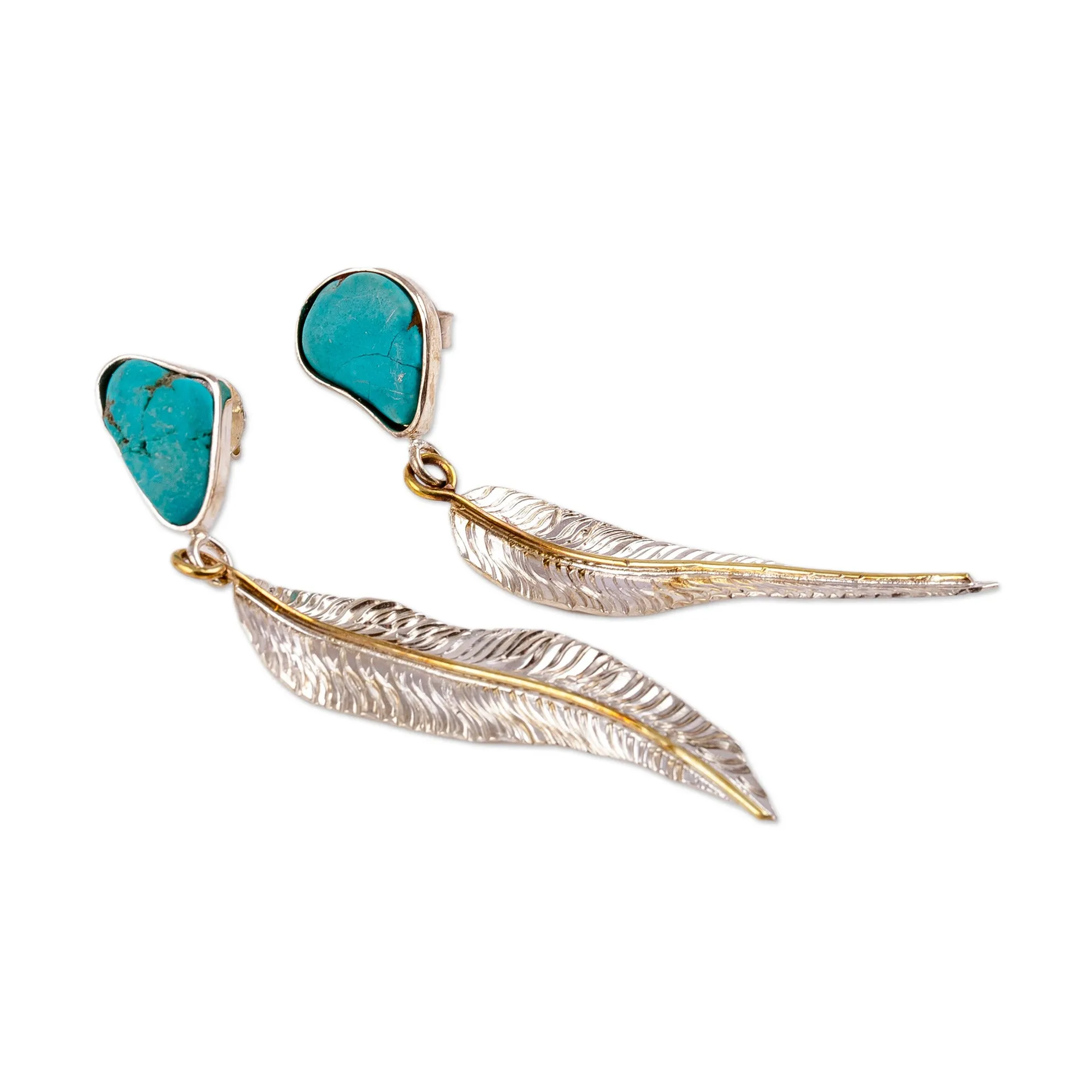 Polished Feather-Themed Natural Turquoise Dangle Earrings - Freedom Feathers | NOVICA