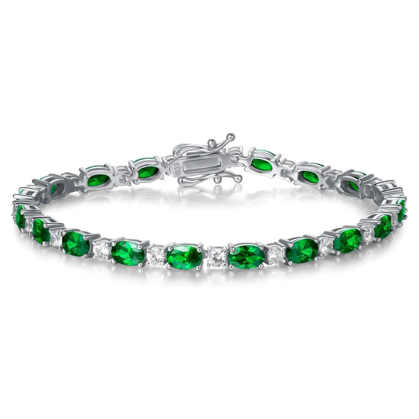 "Glamour Radiance" May Birthstone Fancy Cut Tennis Emerald Sterling Silver Bracelet