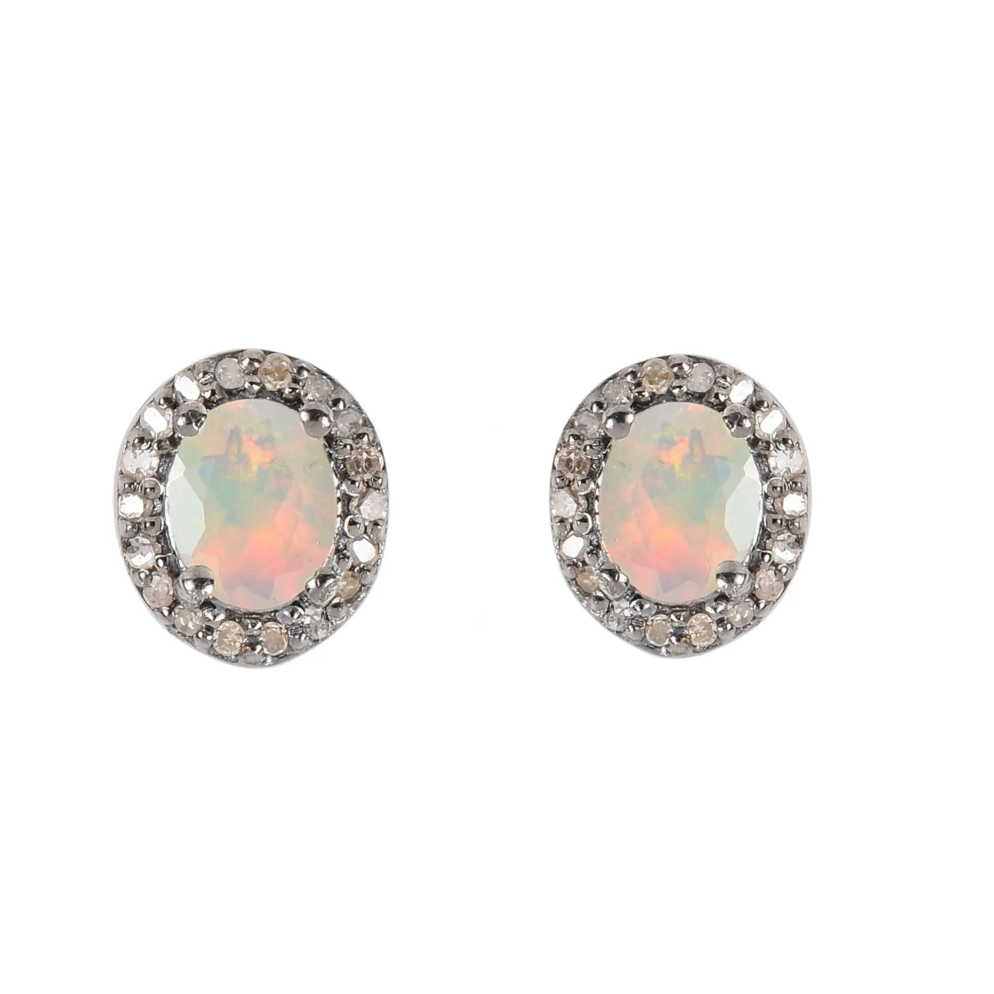 Round Halo Diamond Opal Studs Earrings