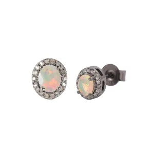 Round Halo Diamond Opal Studs Earrings