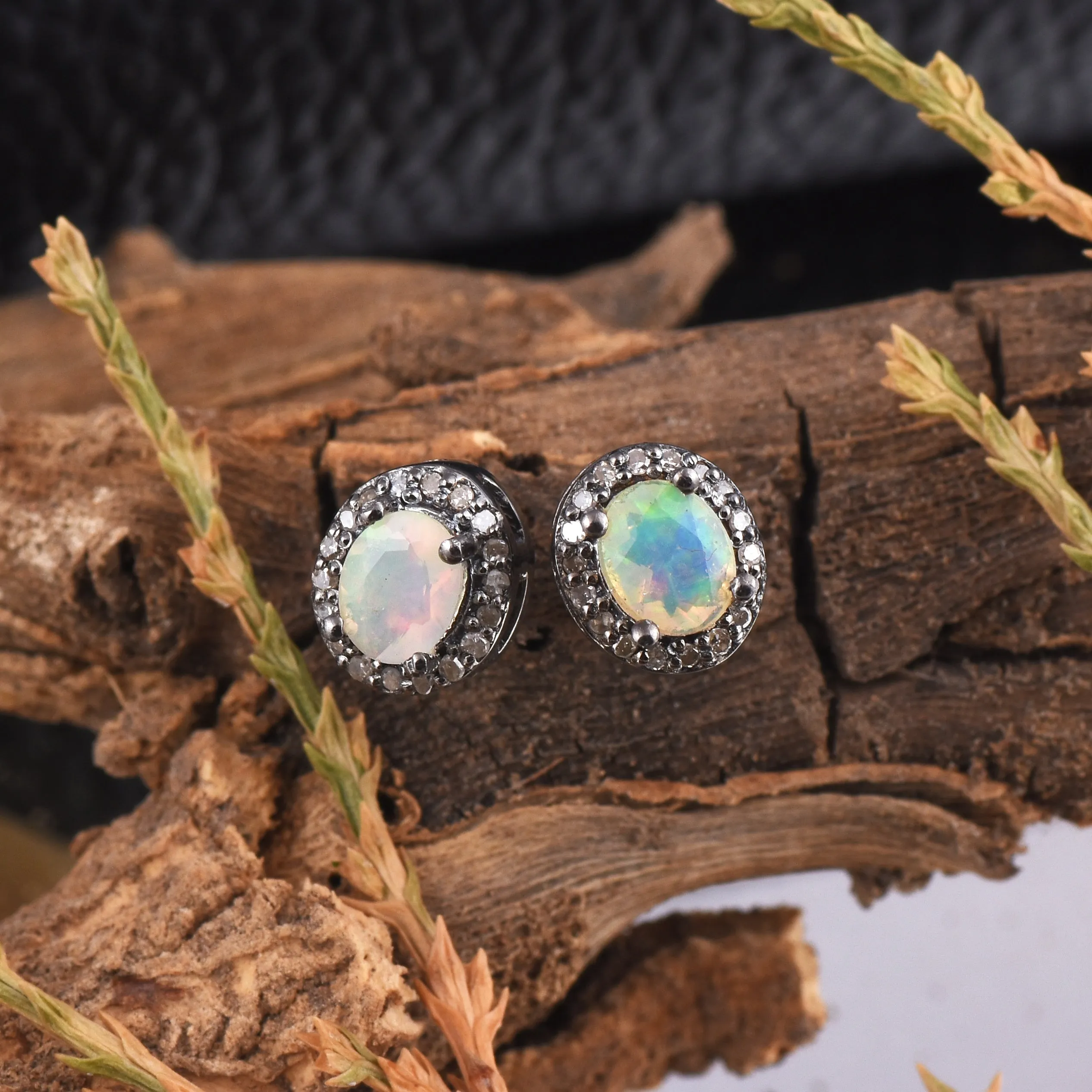 Round Halo Diamond Opal Studs Earrings