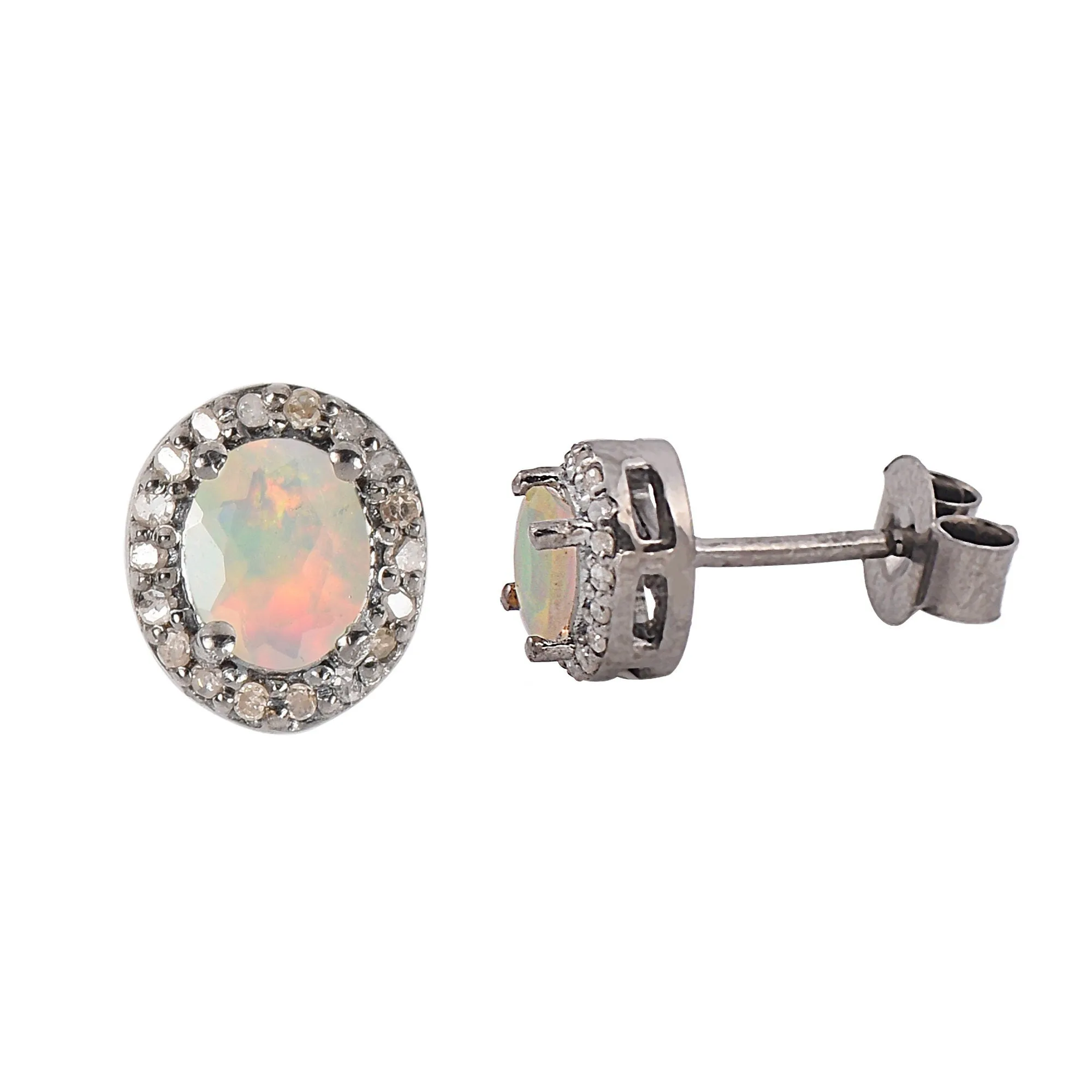 Round Halo Diamond Opal Studs Earrings