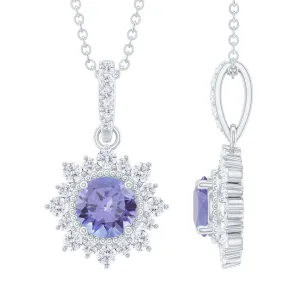 Round Tanzanite Halo Pendant with Diamond Accent Bail