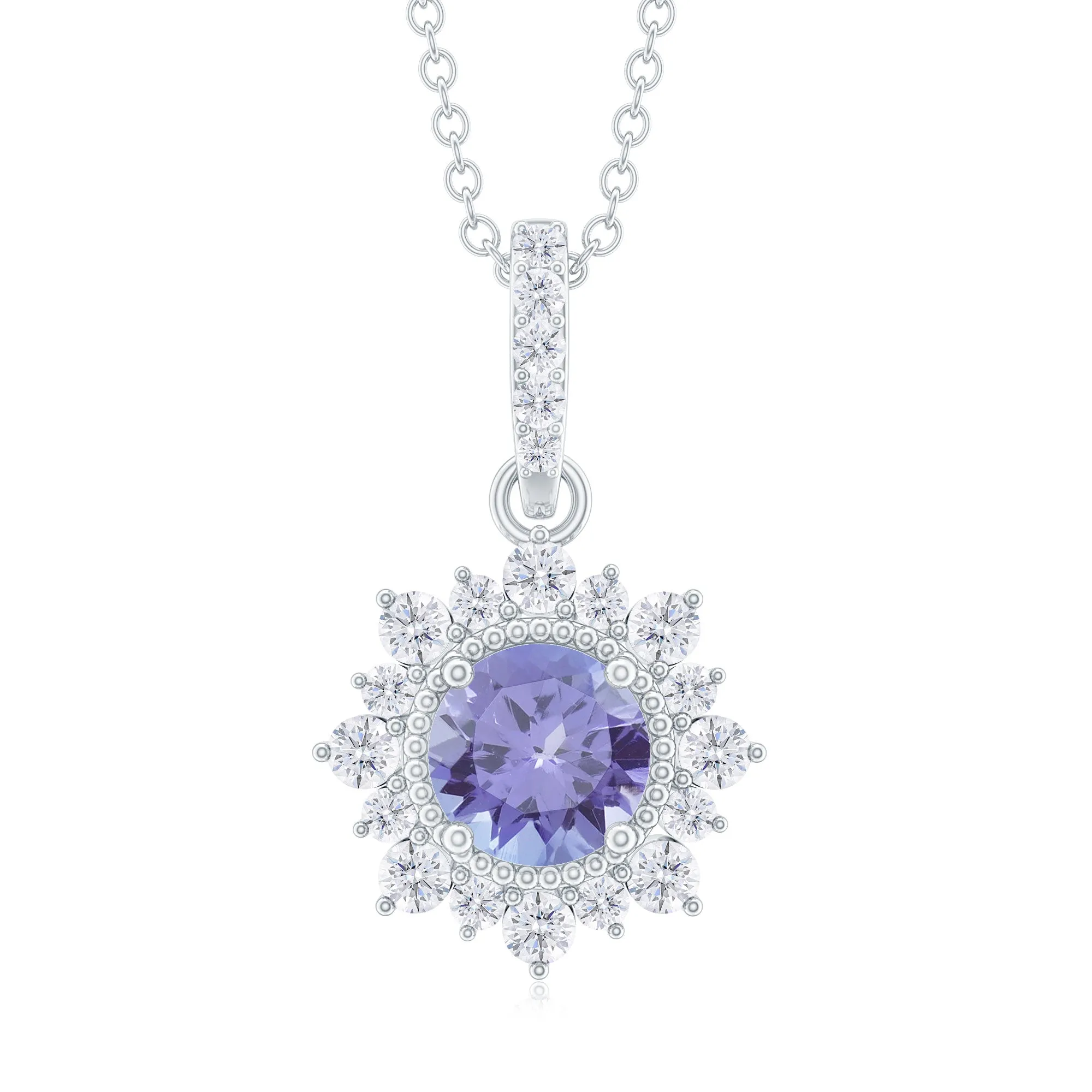 Round Tanzanite Halo Pendant with Diamond Accent Bail