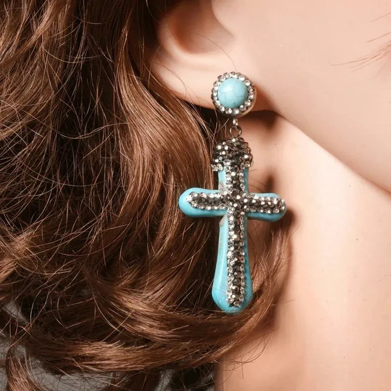 Roxxi Southwest Turquoise Cross Drop Earrings