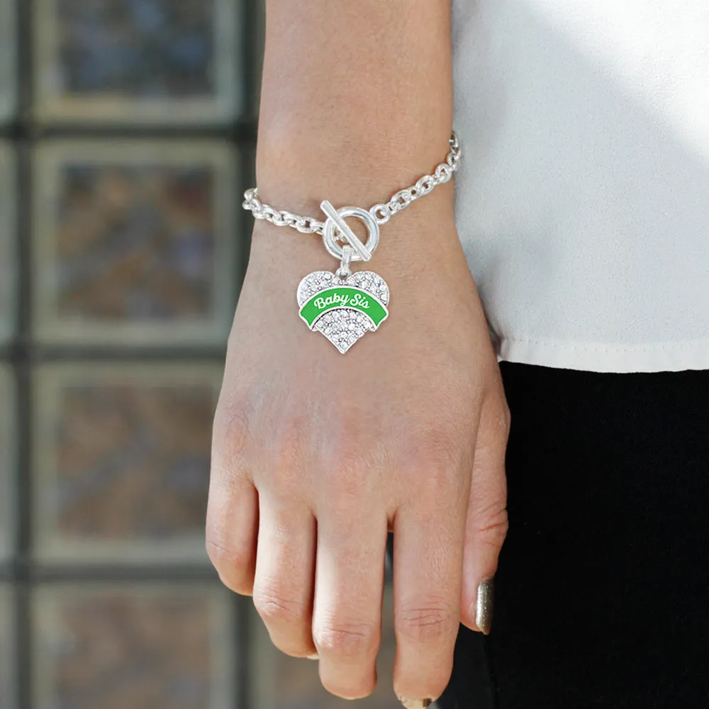 Silver Emerald Green Baby Sister Pave Heart Charm Toggle Bracelet