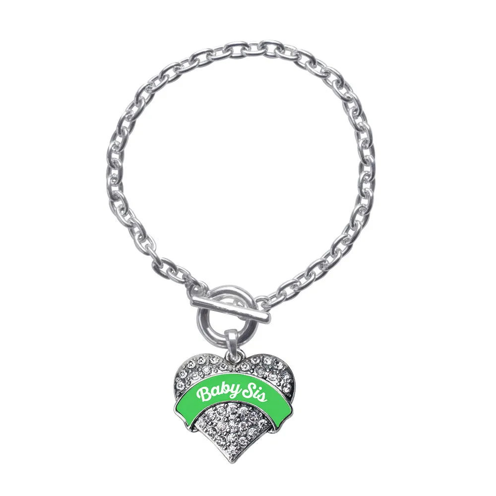 Silver Emerald Green Baby Sister Pave Heart Charm Toggle Bracelet