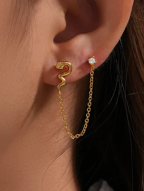 Snake Double Chain Earrings 925 Sterling Silver 18K Gold Plated