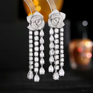 Solid Color Silver Floral Water Drop Fringed Long Boho Earrings 925 Silver Needles