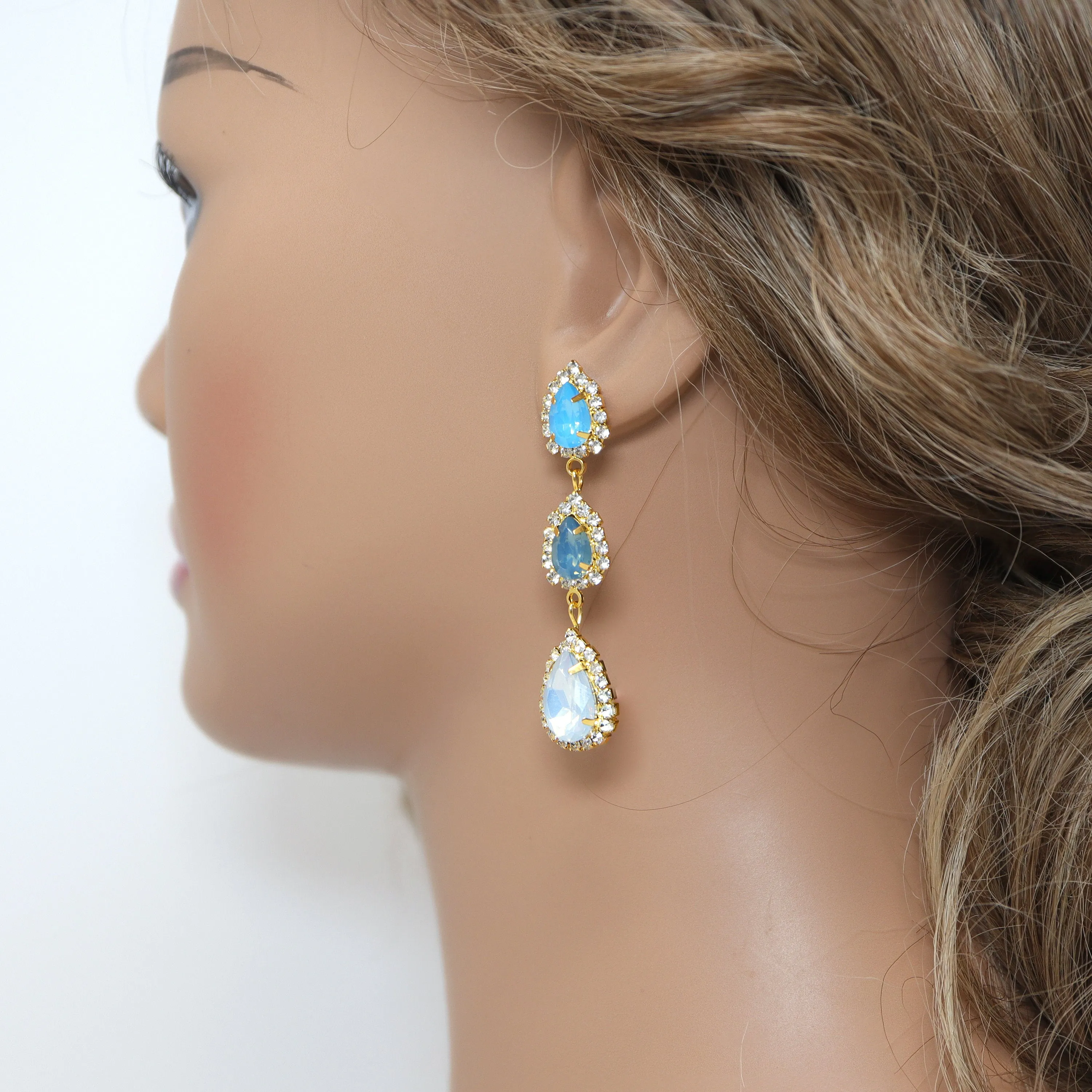 Something Blue Opal Drop Earrings, Gold Dangle Crystal, Diamond Earring, Long Bridal Jewelry, Crystal Bridal Earrings, Statement Earrings