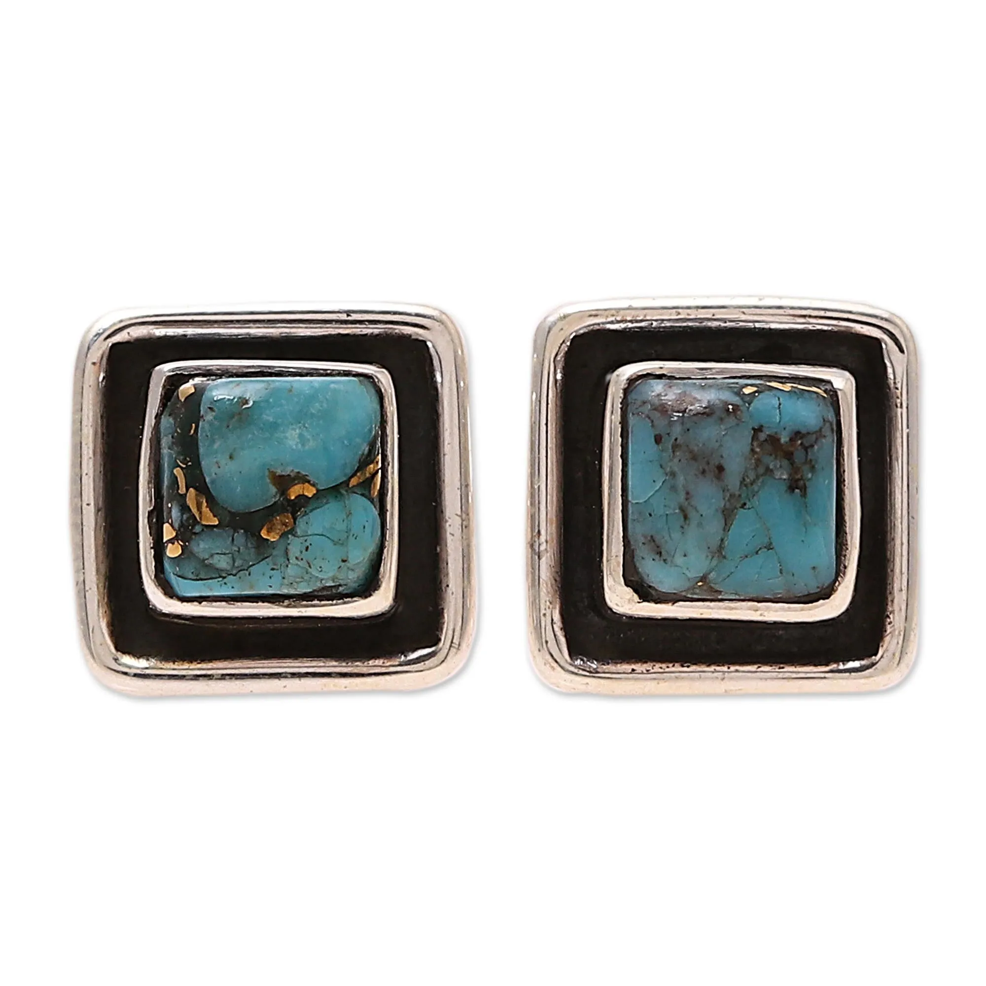 Square Sterling Silver and Composite Turquoise Stud Earrings - Mystic Frame | NOVICA