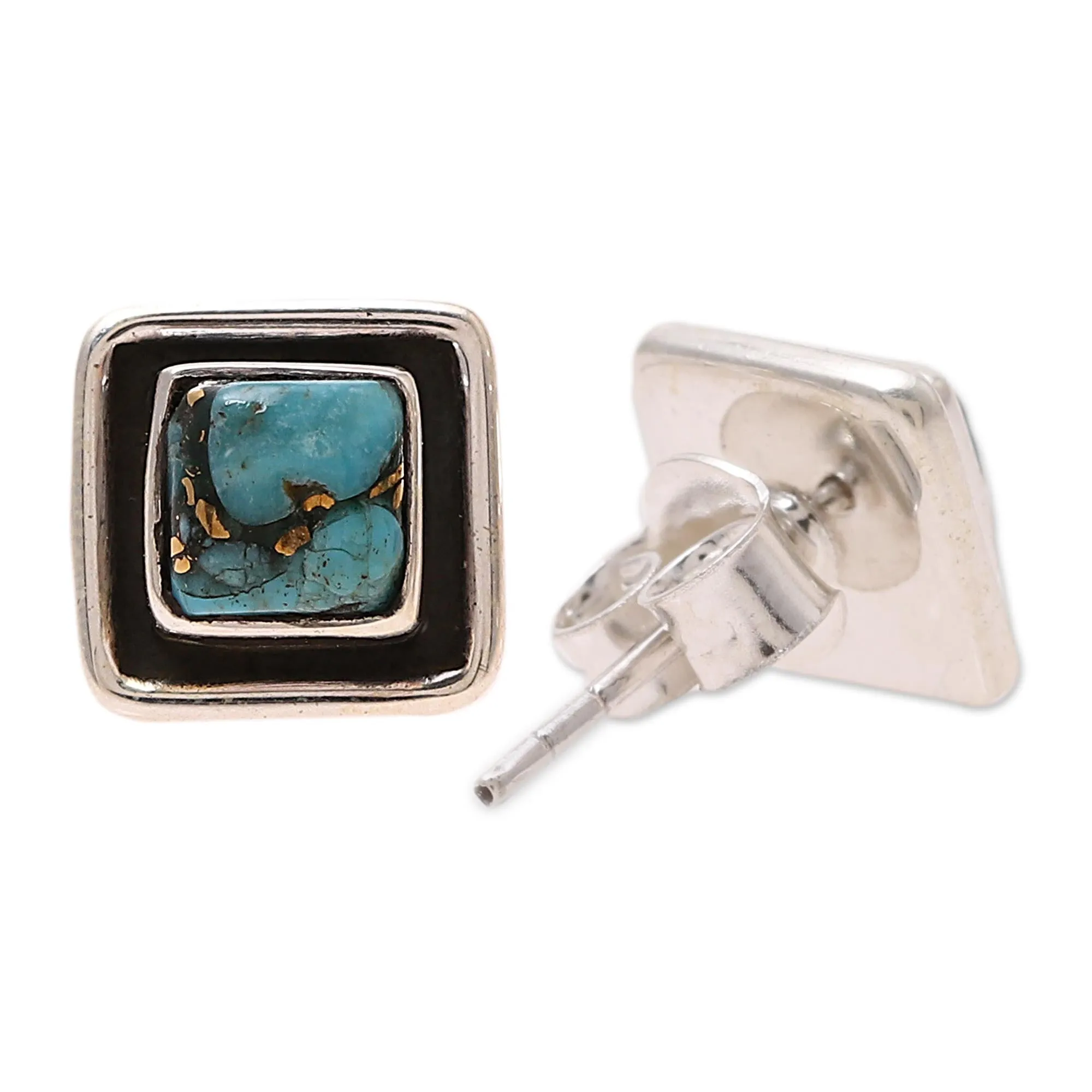 Square Sterling Silver and Composite Turquoise Stud Earrings - Mystic Frame | NOVICA