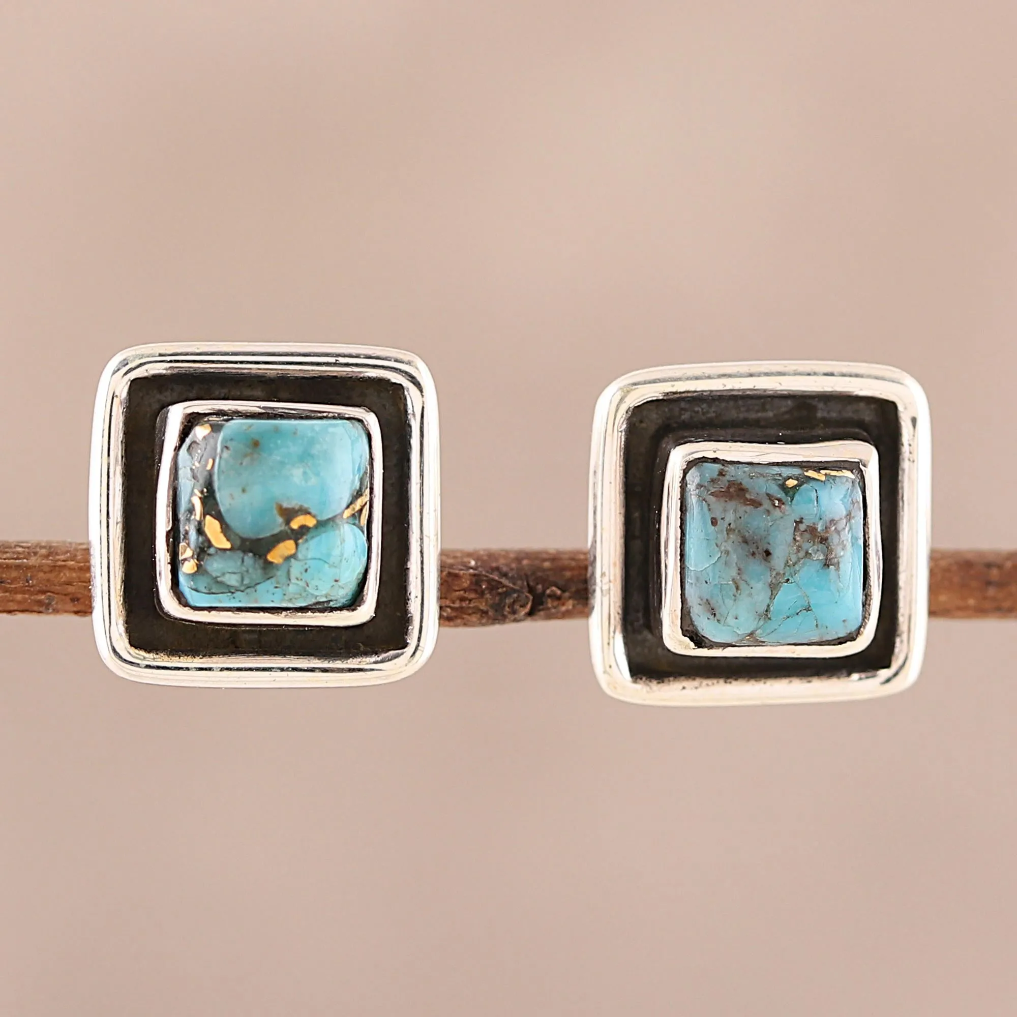 Square Sterling Silver and Composite Turquoise Stud Earrings - Mystic Frame | NOVICA