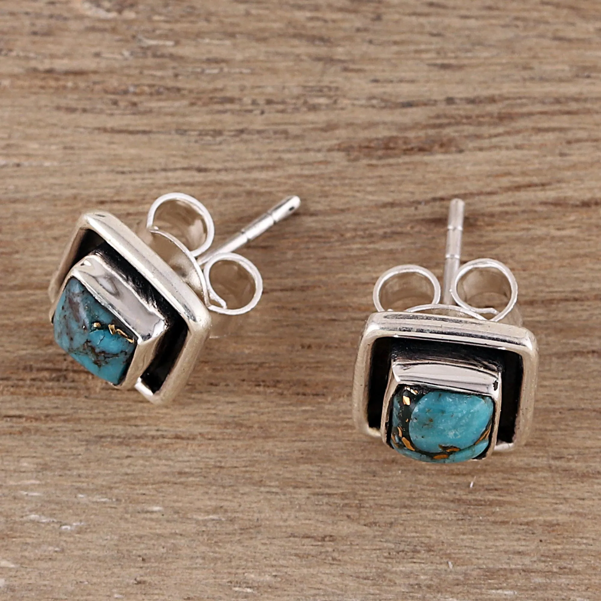 Square Sterling Silver and Composite Turquoise Stud Earrings - Mystic Frame | NOVICA