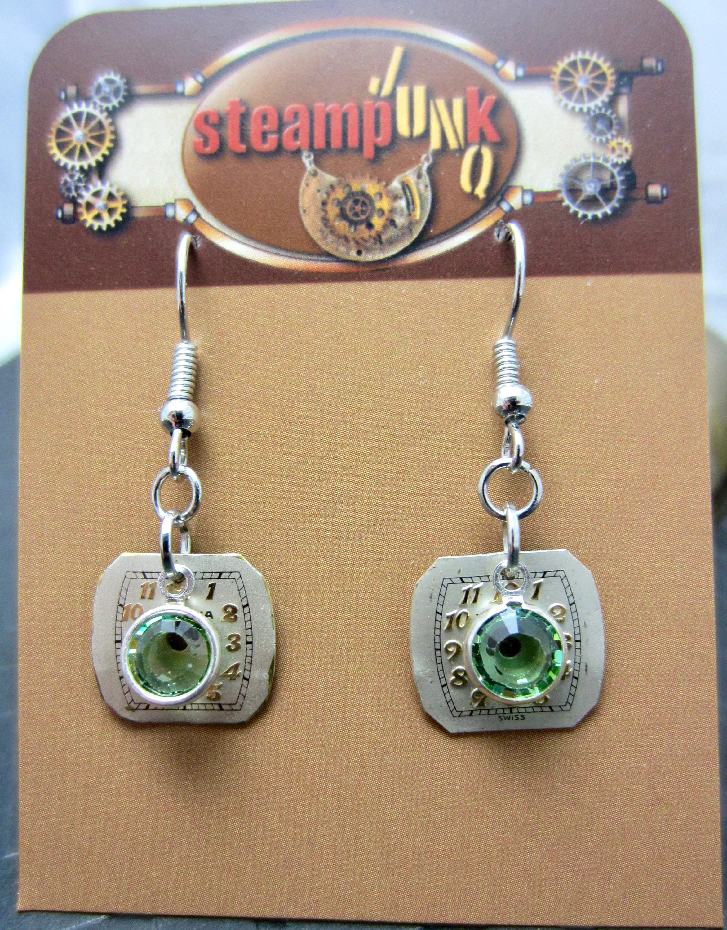 Steampunk Earrings with vintage Watch Dials, Faces Steampunk Earrings , Steampunk jewelry Peridot Birthstone  Birthday gift