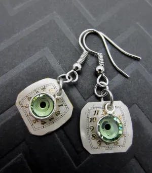 Steampunk Earrings with vintage Watch Dials, Faces Steampunk Earrings , Steampunk jewelry Peridot Birthstone  Birthday gift