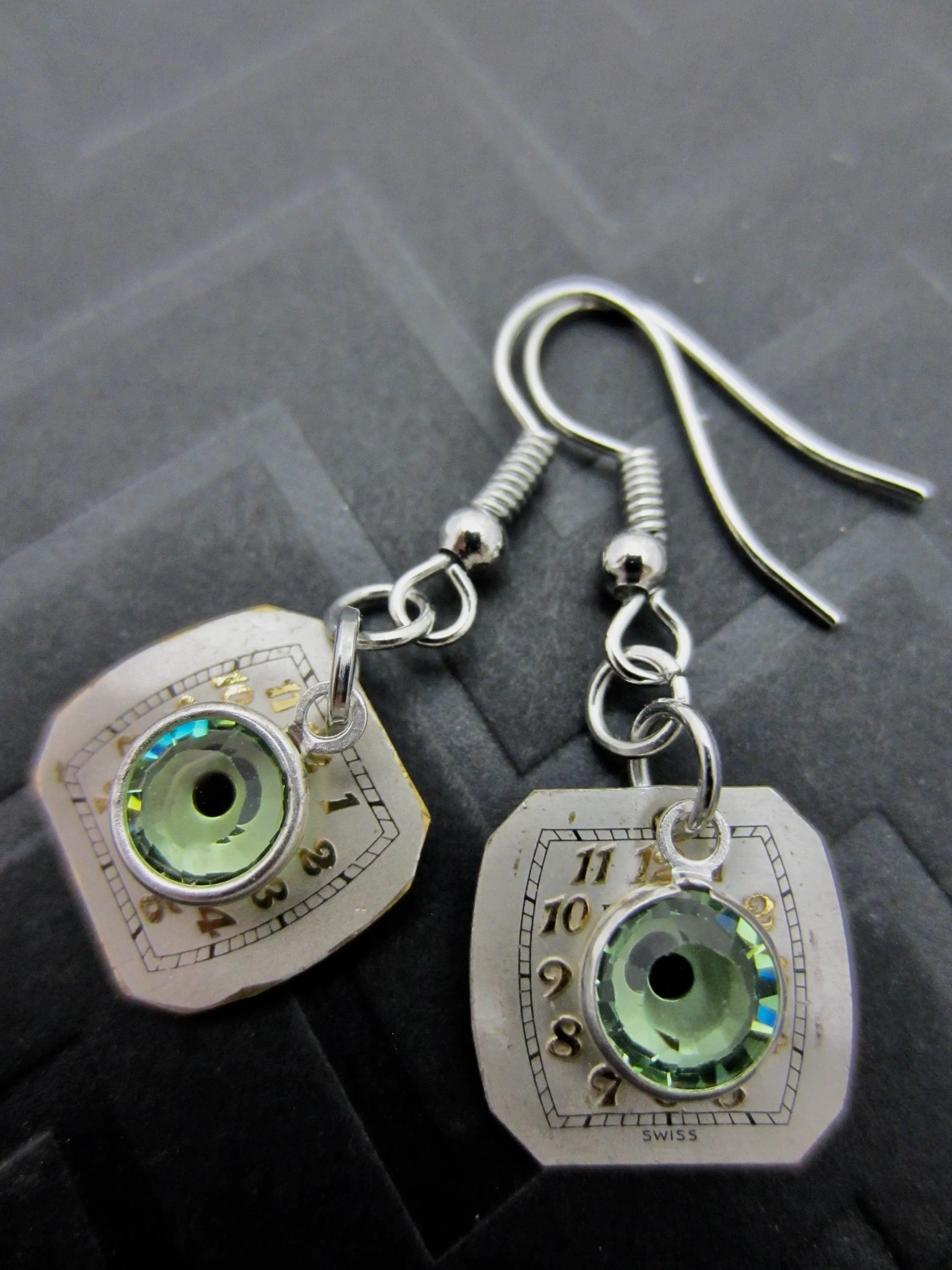 Steampunk Earrings with vintage Watch Dials, Faces Steampunk Earrings , Steampunk jewelry Peridot Birthstone  Birthday gift