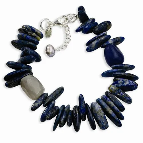 Sterling Silver Aventurine Lapis Moonstone & Fw Cult Pearl Bracelet