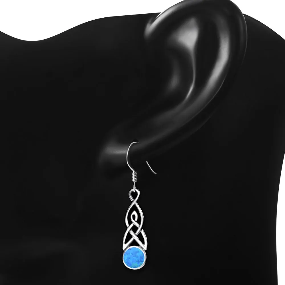 Synthetic Blue Opal Celtic Trinity Knot Silver Earrings