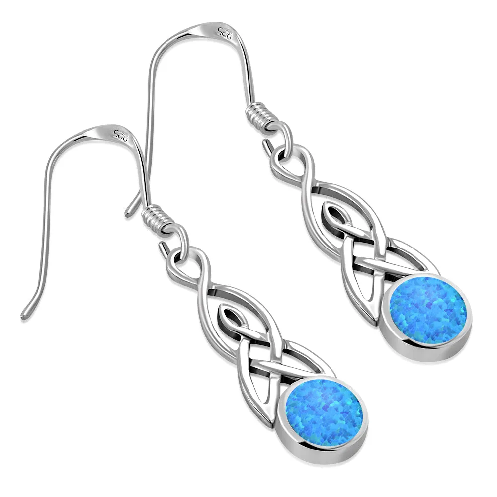 Synthetic Blue Opal Celtic Trinity Knot Silver Earrings