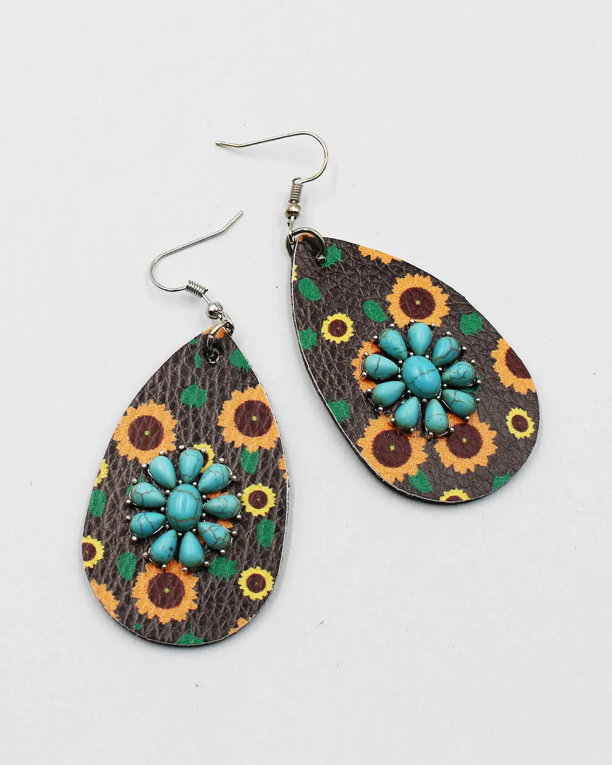 Tear Drop Leather Earrings with Turquoise Flower