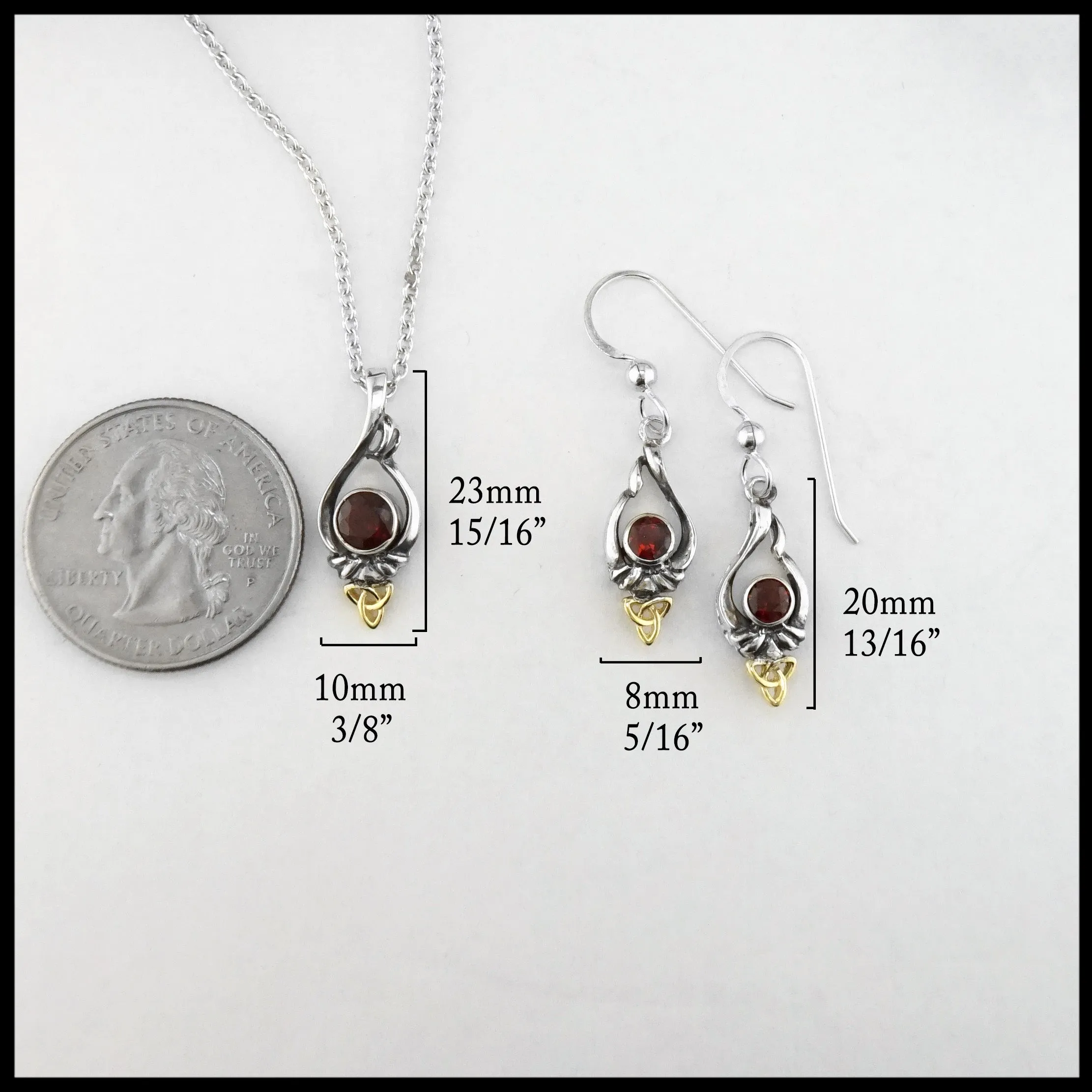 Trinity Knot Pendant and Earring set with Garnet