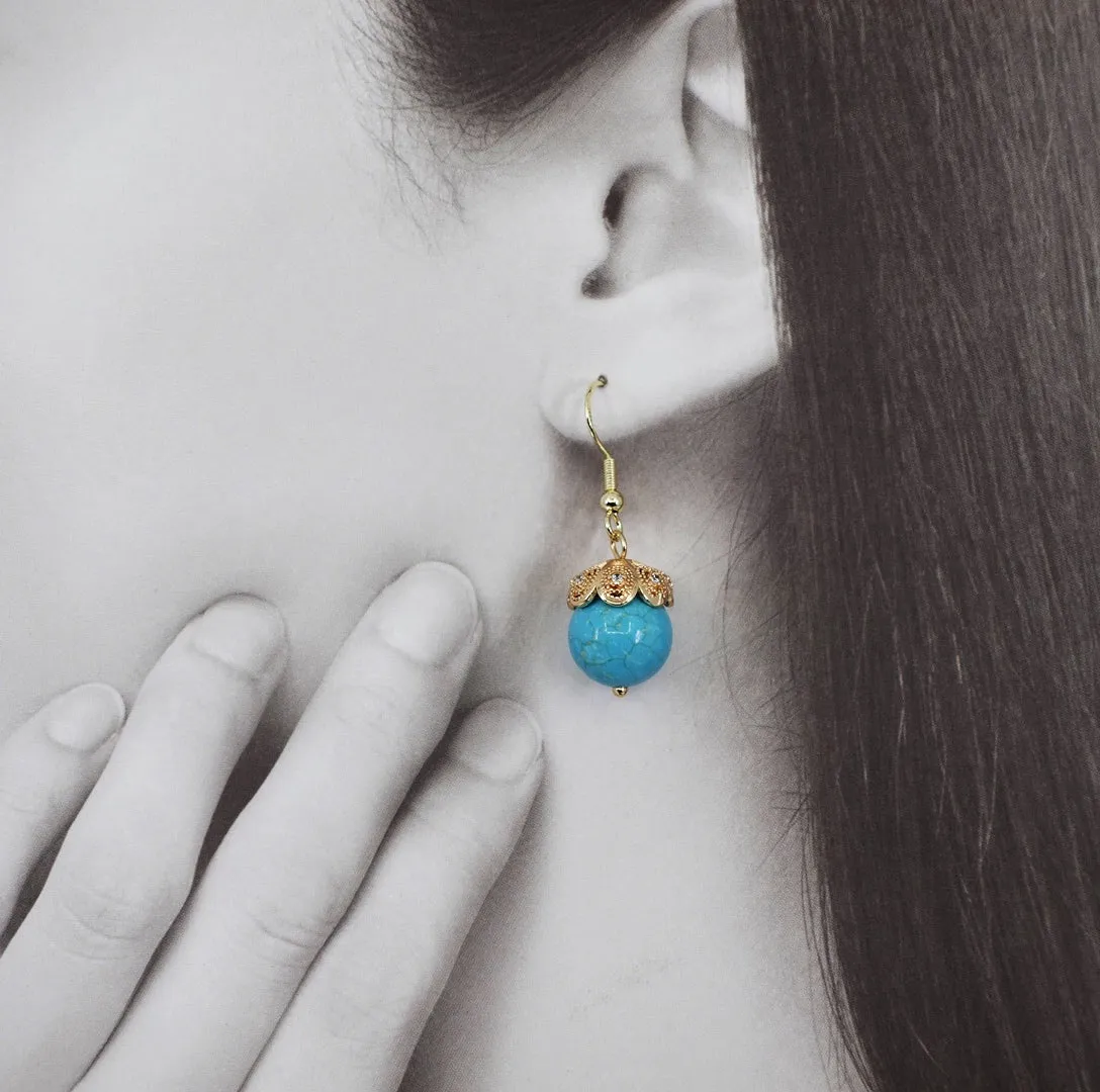 Turquoise Howlite Filigree Earrings Gold