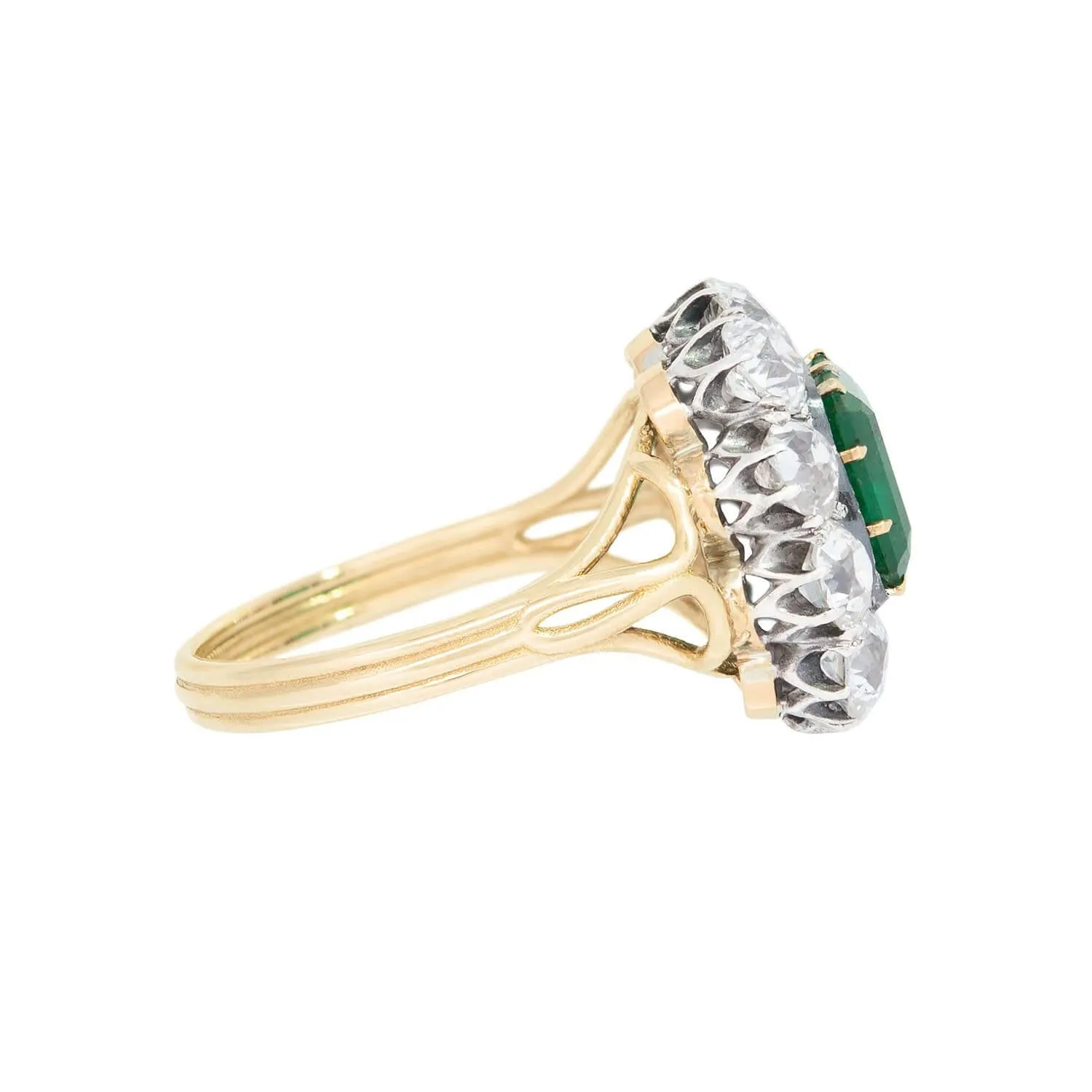 Victorian Russian 14k and Sterling Silver Emerald and Diamond Halo Ring