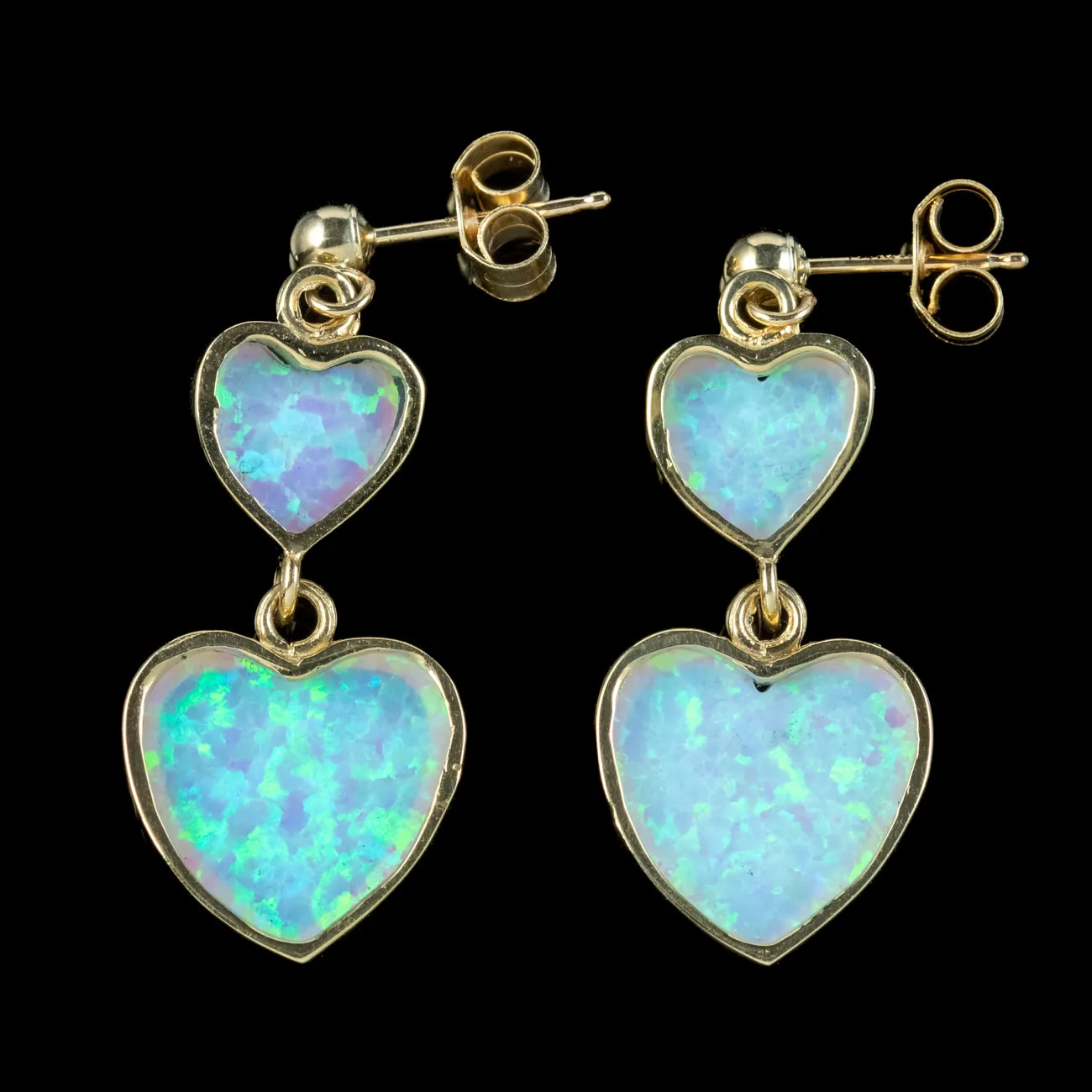 Victorian Style Opal Heart Drop Earrings 9ct Gold 7ct Opal