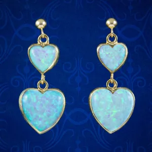 Victorian Style Opal Heart Drop Earrings 9ct Gold 7ct Opal