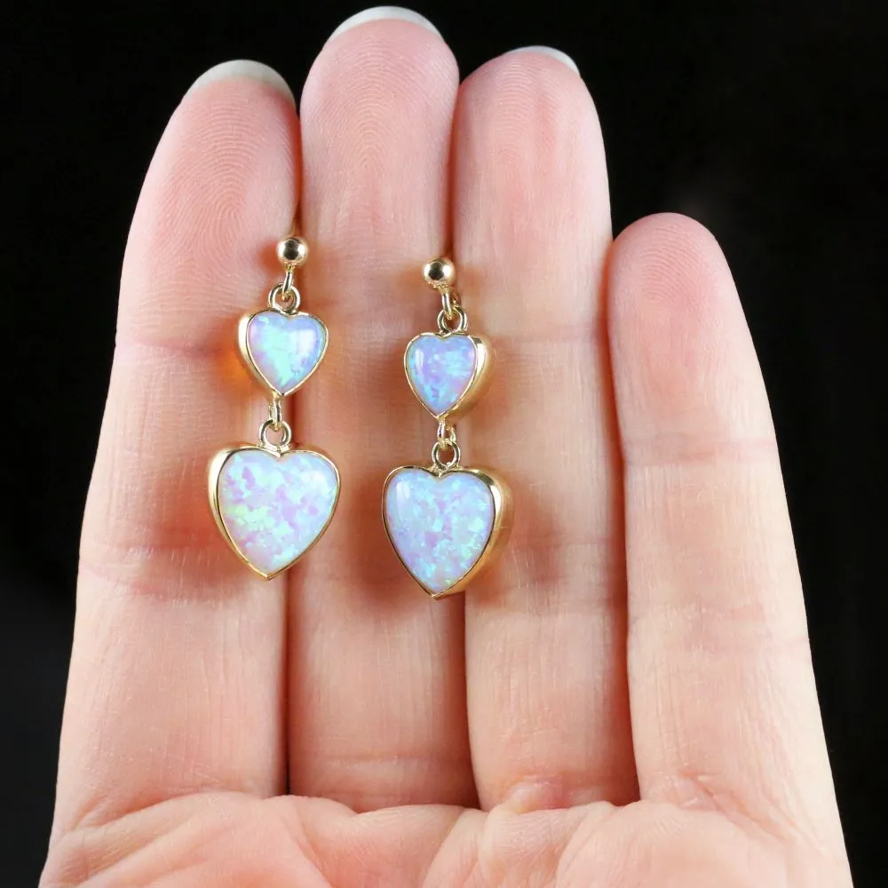 Victorian Style Opal Heart Drop Earrings 9ct Gold 7ct Opal