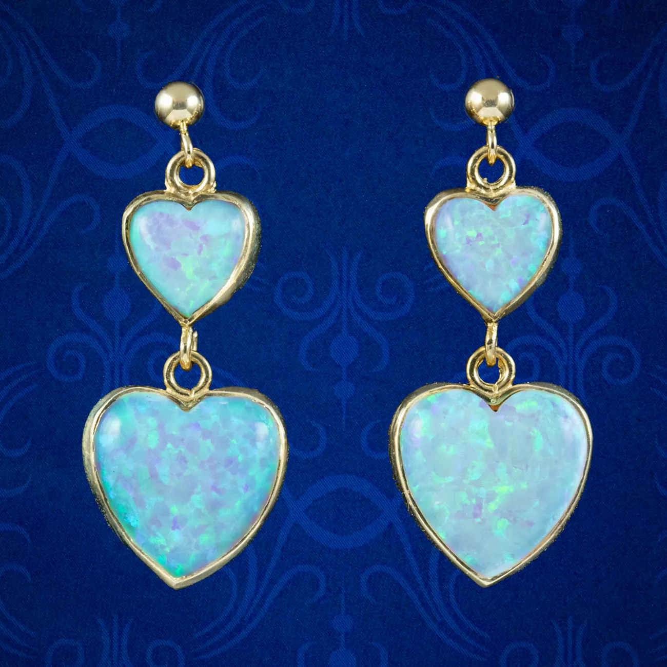 Victorian Style Opal Heart Drop Earrings 9ct Gold 7ct Opal