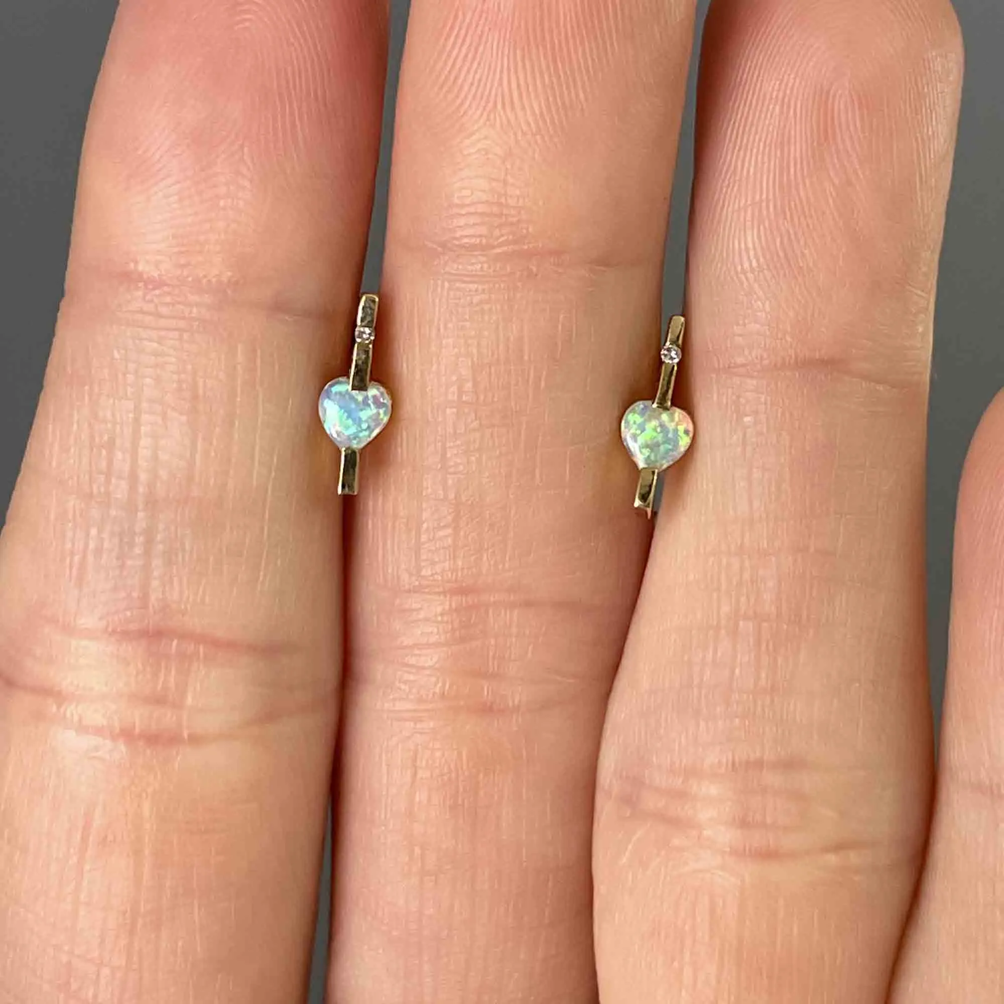 Vintage 14K Gold Var Diamond Opal Heart Earrings