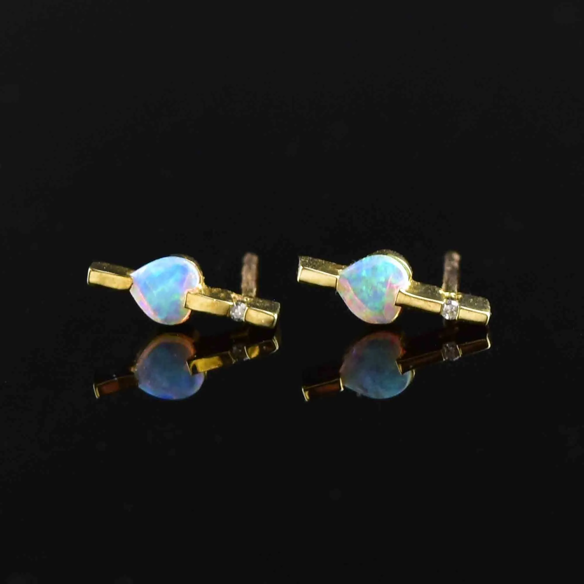 Vintage 14K Gold Var Diamond Opal Heart Earrings