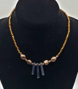 Vintage Copper Bead Necklace with Blue Aventurine Drops - 16"