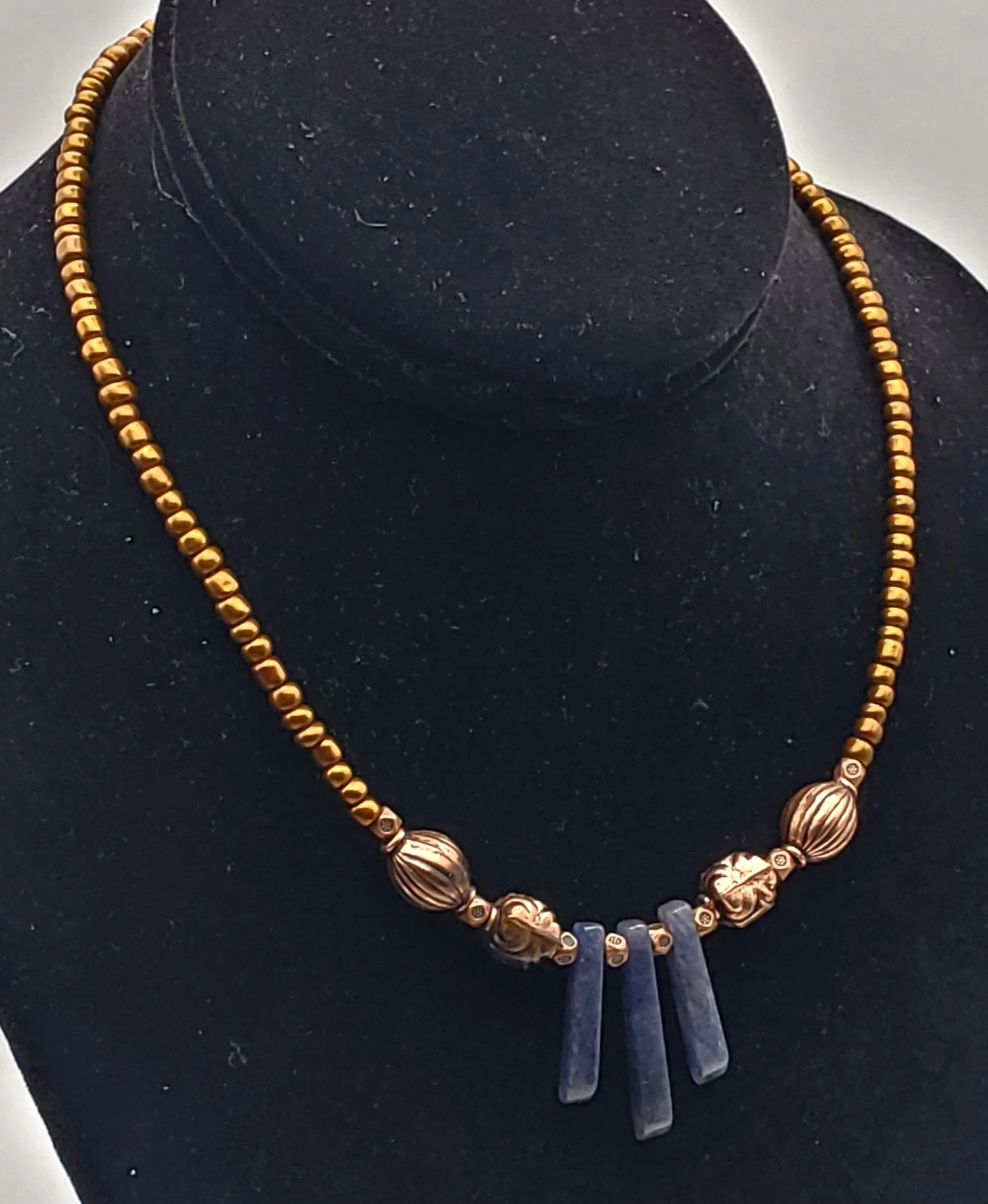 Vintage Copper Bead Necklace with Blue Aventurine Drops - 16"