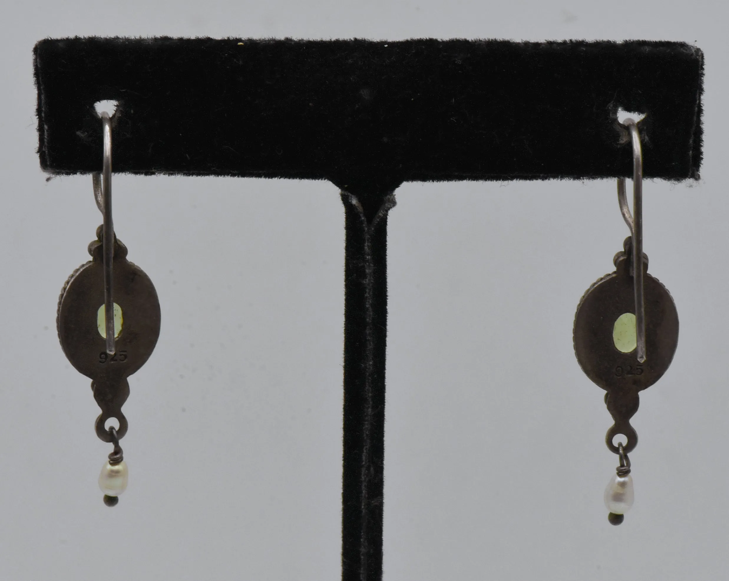 Vintage Faux Peridot and Pearl Sterling Silver Dangle Earrings