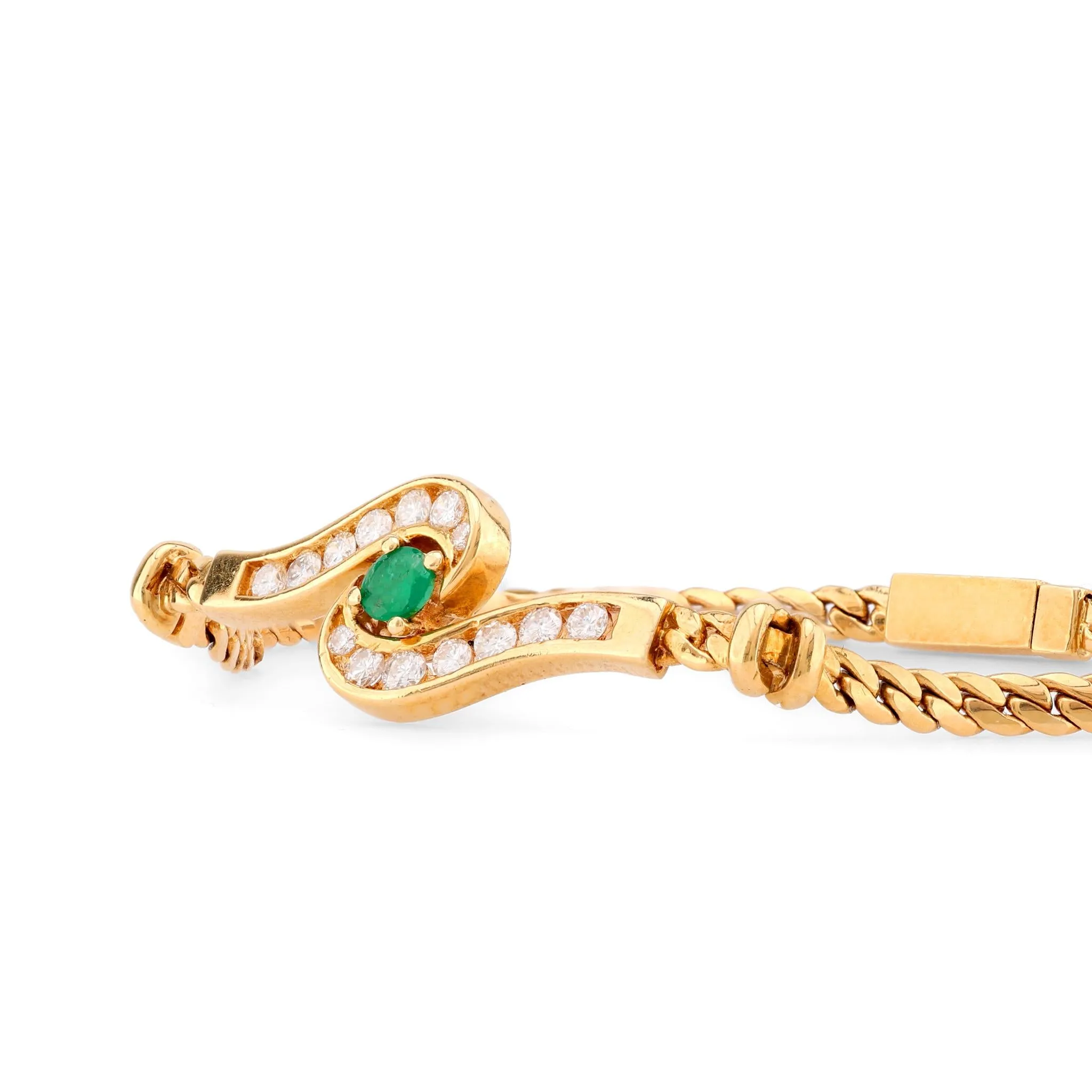 Vintage French Emerald Diamond 18K Yellow Gold Bracelet