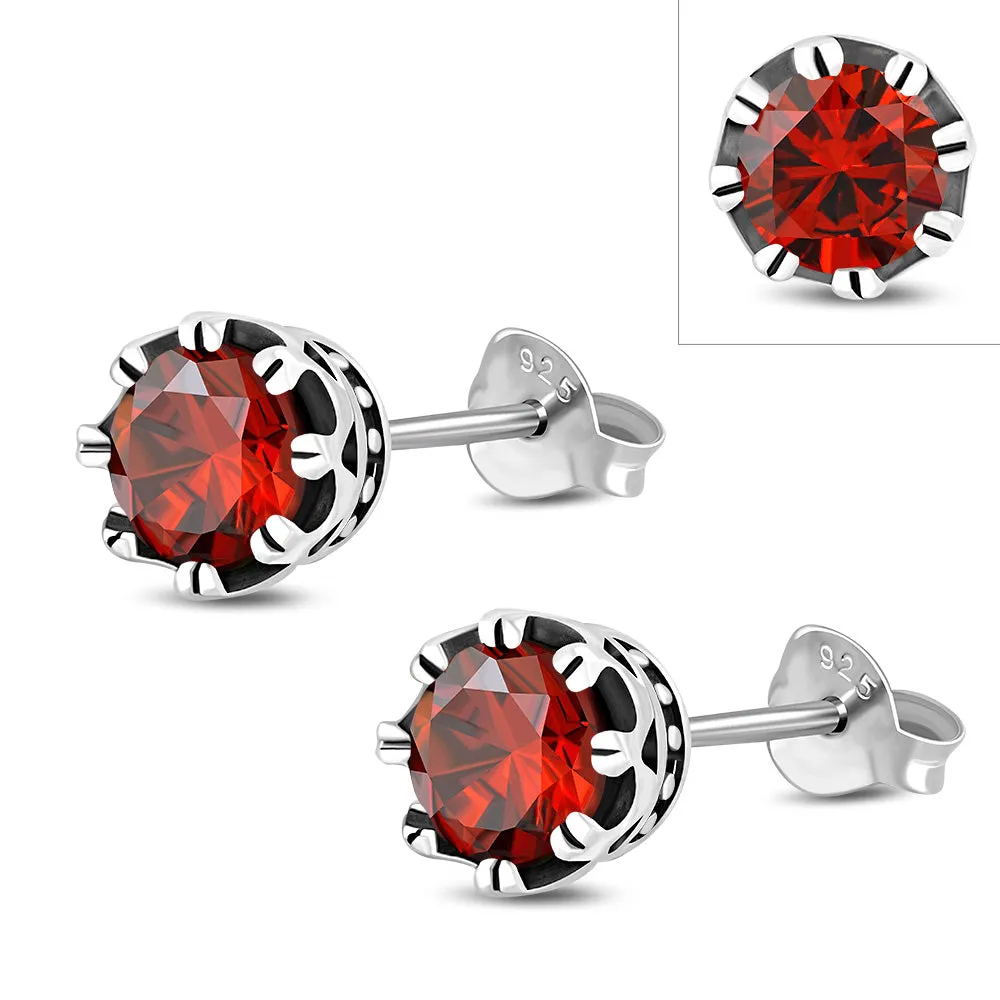 Vintage Royal Crown Ethnic Garnet CZ Sterling Silver Stud Earrings