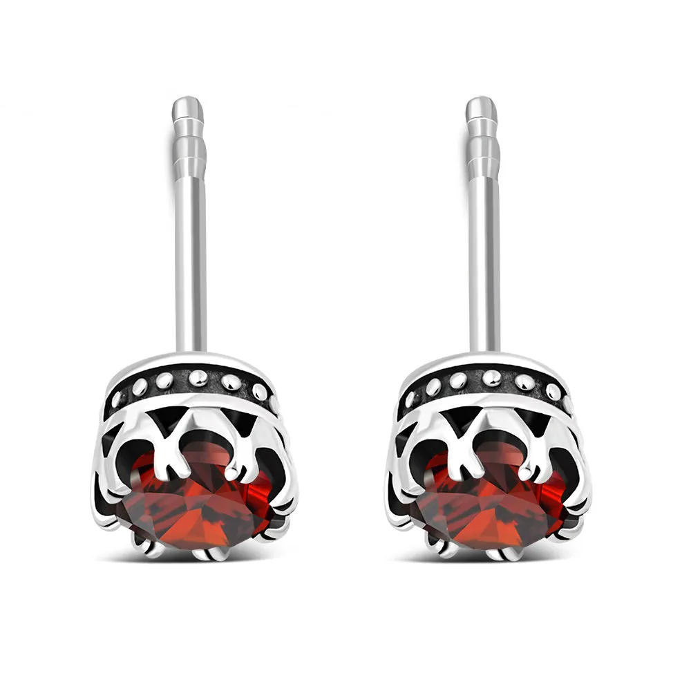 Vintage Royal Crown Ethnic Garnet CZ Sterling Silver Stud Earrings